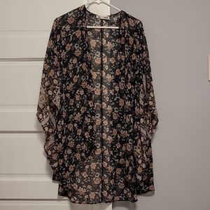 Floral Roses Pink Kimono Robe Cover Up 3/4 Sleeve Relaxed